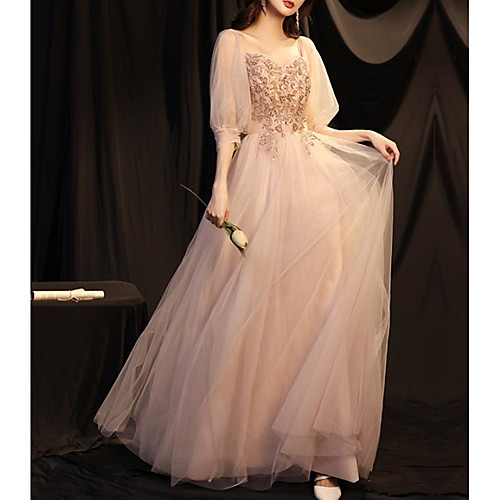 

A-Line Glittering Vintage Engagement Formal Evening Dress Scoop Neck Half Sleeve Floor Length Tulle with Pleats Sequin 2021