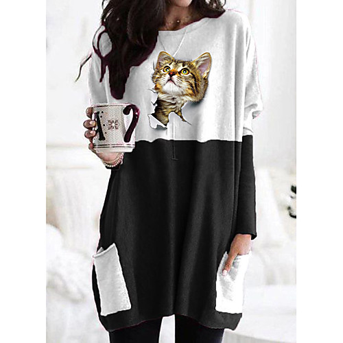 

Women's T shirt Dress Cat Graphic Long Sleeve Patchwork Print Round Neck Tops Basic Basic Top Black Gray