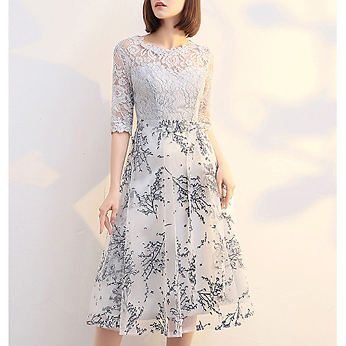 

A-Line Mother of the Bride Dress Elegant Sweet Jewel Neck Tea Length Lace Tulle Half Sleeve with Appliques 2021