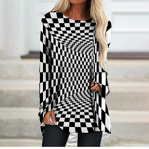 

Women's T Shirt Dress Tee Dress Short Mini Dress Black Long Sleeve Check Color Block Geometric Print Fall Spring Round Neck 3D Print Casual 3D Print S M L XL XXL 3XL