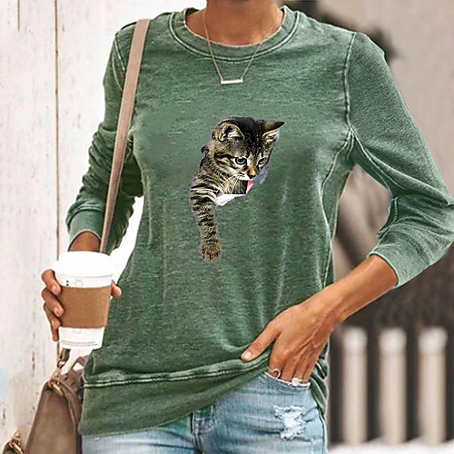 

Women's T shirt Graphic Animal Long Sleeve Round Neck Tops Basic Basic Top Black Blue Yellow