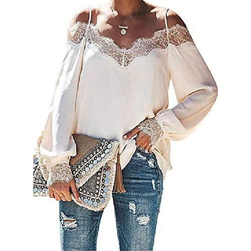 

Women's Lace Blouse Cold Shoulder Tops V Neck Long Sleeve Spaghetti Strap Chiffon Shirt(White,XL=UK 16)