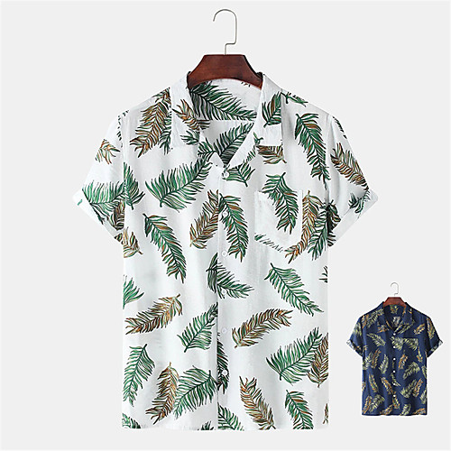 

Men's Shirt Other Prints Plants Button-Down Print Short Sleeve Daily Tops Casual Hawaiian White Blue