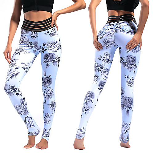 

Women's High Waist Yoga Pants See Through Leggings Breathable Moisture Wicking Floral Botanical WhiteGray Zumba Gym Workout Dance Winter Sports Activewear High Elasticity Skinny