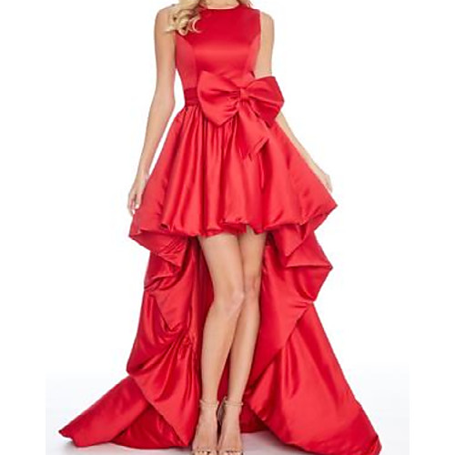 

A-Line Minimalist Vintage Engagement Formal Evening Dress Jewel Neck Sleeveless Asymmetrical Taffeta with Bow(s) 2021