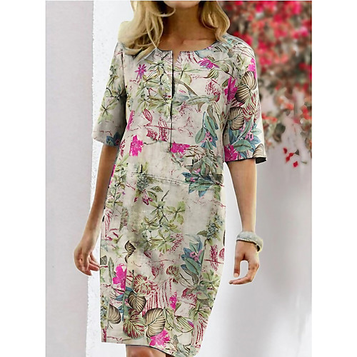 

Women's Shift Dress Knee Length Dress Blushing Pink Orange Dusty Blue Half Sleeve Print Patchwork Print Fall Spring Round Neck Elegant Vintage 2021 S M L XL XXL 3XL / Plus Size