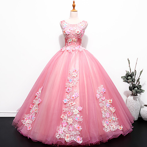 

Ball Gown Luxurious Floral Quinceanera Prom Dress Jewel Neck Sleeveless Floor Length Tulle with Pleats Embroidery 2021