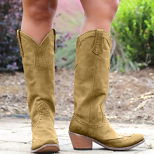 

Women's Boots Cowboy Western Boots Chunky Heel Pointed Toe Knee High Boots Casual Basic Daily Walking Shoes PU Solid Colored Black Yellow Brown
