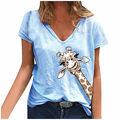 

Women Summer V Neck Loose Giraffe Print Casual Short Sleeve T-Shirt Blouses Blue