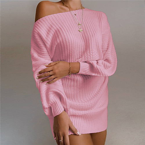 

Women's Sweater Jumper Dress Short Mini Dress White Black Blushing Pink Wine Khaki Long Sleeve Backless Fall Winter Off Shoulder Hot Casual Cotton 2021 S M L XL