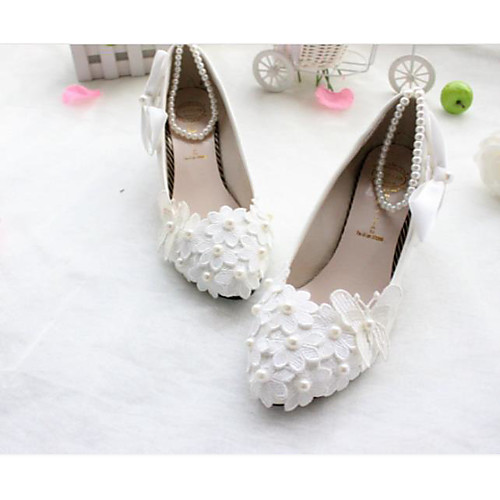 

Women's Wedding Shoes Chunky Heel Round Toe Wedding Pumps Wedding Walking Shoes PU Bowknot Pearl Floral 5 cm with the same style [standard code] Same style with flat bottom [2020 version standard