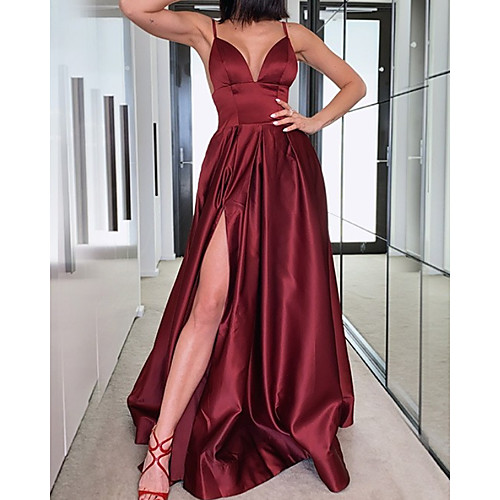 

A-Line Beautiful Back Sexy Wedding Guest Formal Evening Dress V Neck Sleeveless Floor Length Satin with Split 2021