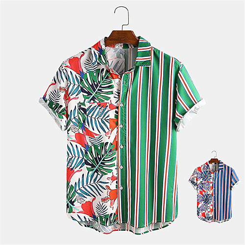 

Men's Shirt Other Prints Striped Plants Button-Down Print Short Sleeve Daily Tops Casual Hawaiian Blue Green