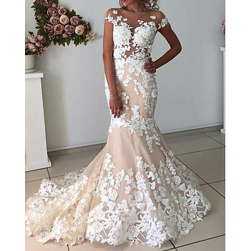 

Mermaid / Trumpet Wedding Dresses Jewel Neck Sweep / Brush Train Lace Tulle Cap Sleeve Country Romantic Luxurious with Appliques 2021