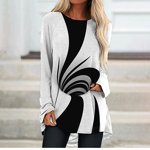 

Women's T Shirt Dress Tee Dress Short Mini Dress Black Long Sleeve Color Block Geometric Print Fall Spring Round Neck 3D Print Casual 3D Print S M L XL XXL 3XL