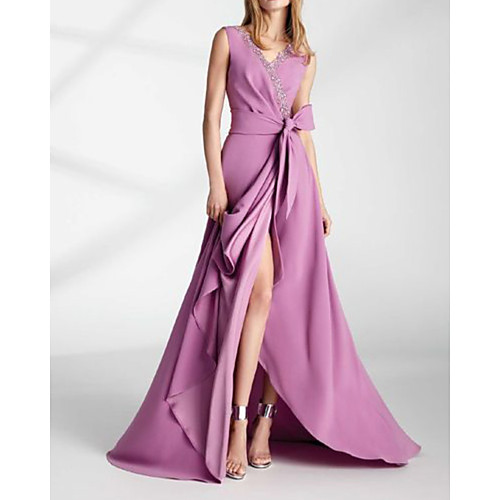 

A-Line Elegant Sexy Wedding Guest Formal Evening Dress V Neck Sleeveless Floor Length Chiffon with Sash / Ribbon Split 2021