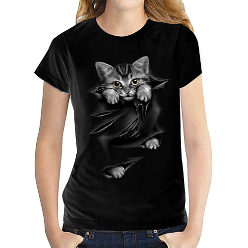 

Women's 3D Cat T shirt Cat Graphic 3D Print Round Neck Tops 100% Cotton Basic Basic Top White Black