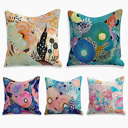 

5 pcs Linen Pillow Cover, Floral&Plants Simple Casual Square Polyester Traditional Classic