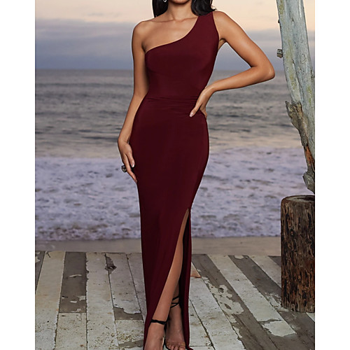 

Sheath / Column Minimalist Sexy Wedding Guest Prom Dress One Shoulder Sleeveless Floor Length Spandex with Sleek Split 2021