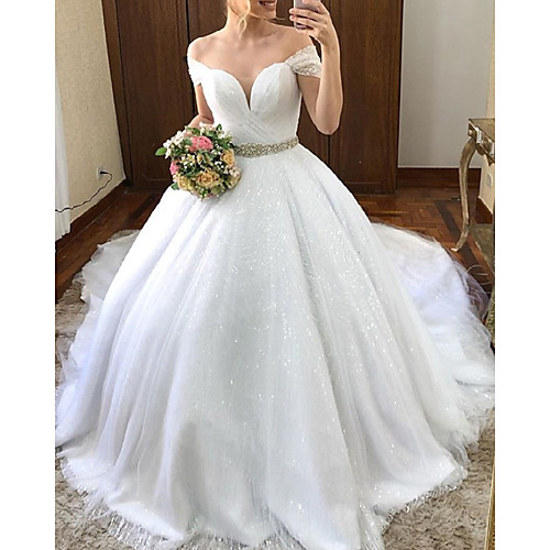 

Ball Gown Wedding Dresses Off Shoulder Court Train Tulle Short Sleeve Formal Luxurious Sparkle & Shine with Pleats Sequin Crystal Brooch 2021