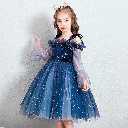 

Princess Above Knee Wedding / Event / Party Flower Girl Dresses - Lace / Tulle Long Sleeve Spaghetti Strap with Lace / Solid / Paillette