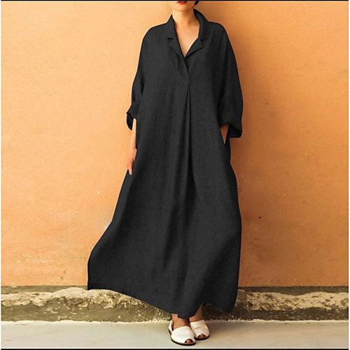 

Women's Swing Dress Maxi long Dress Black Blushing Pink Gray Long Sleeve Solid Color Ruched Patchwork Fall Winter Shirt Collar Casual Vintage 2021 S M L XL XXL 3XL 4XL 5XL