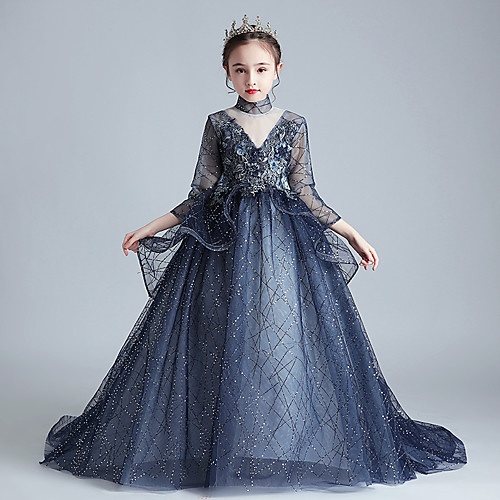 

Princess Sweep / Brush Train Event / Party / Formal Evening Flower Girl Dresses - Lace / Tulle 3/4 Length Sleeve Illusion Neck with Lace / Appliques / Solid