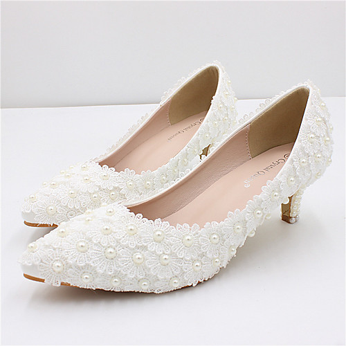 

Women's Wedding Shoes Chunky Heel Pointed Toe Wedding Pumps Wedding Walking Shoes PU Pearl Floral Picture section 5 cm heel height