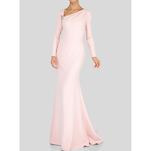 

Sheath / Column Minimalist Elegant Wedding Guest Formal Evening Dress V Neck Long Sleeve Sweep / Brush Train Stretch Fabric with Sleek 2021