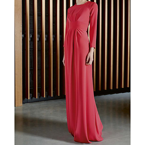 

Sheath / Column Minimalist Elegant Wedding Guest Formal Evening Dress Jewel Neck Long Sleeve Floor Length Chiffon with Pleats 2021
