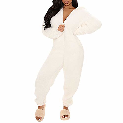

Women One Piece Fleece Pajamas Jumpsuit Cartoon Bear Hooded Fuzzy Warm Sherpa Romper Sleepwear Homewear (Z White, S)