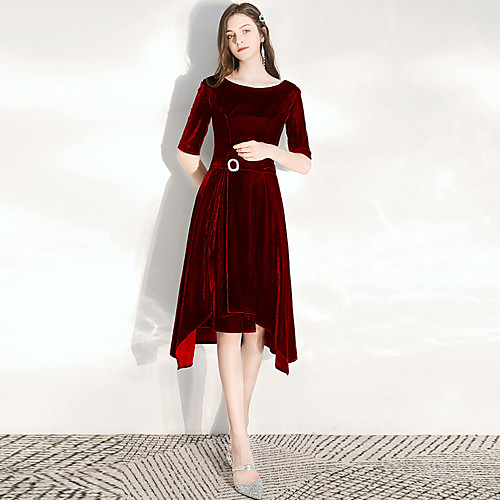 

A-Line Elegant Vintage Cocktail Party Formal Evening Valentine's Day Dress Jewel Neck Half Sleeve Asymmetrical Velvet with Crystals 2021