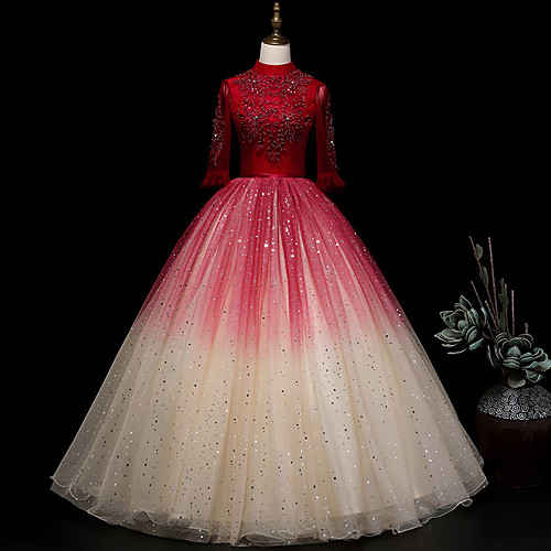 

A-Line Luxurious Sparkle Quinceanera Prom Dress Stand Collar 3/4 Length Sleeve Floor Length Tulle with Sequin Embroidery 2021