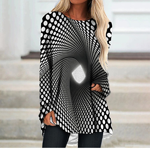 

Women's T Shirt Dress Tee Dress Short Mini Dress Black Long Sleeve Check Color Block Print Fall Spring Round Neck 3D Print Casual 3D Print S M L XL XXL 3XL