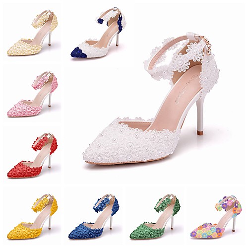 

Women's Wedding Shoes Stiletto Heel Pointed Toe Wedding Pumps Business Sexy Minimalism Wedding Office & Career PU Pearl Buckle Lace Solid Colored White Purple Yellow