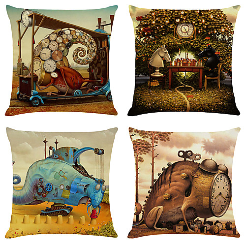 

4 pcs Linen Pillow Cover, Print Simple Classic Square Zipper Traditional Classic