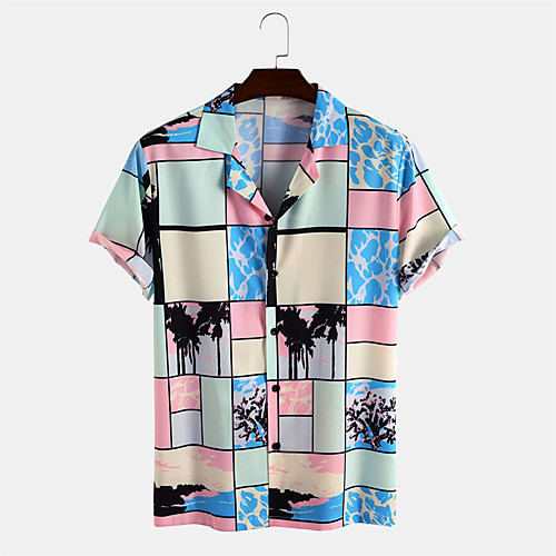 

Men's Shirt Other Prints Geometry Button-Down Short Sleeve Daily Tops 100% Cotton Casual Hawaiian Green