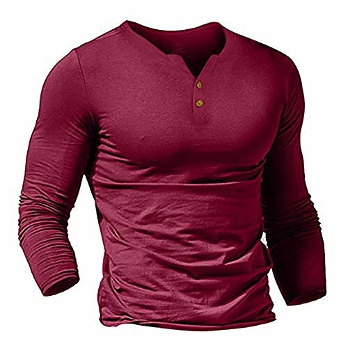 

Men T-Shirts Casual Long Sleeve Slim Tops Solid Button-Up Henley Sport Tee Shirts Wine