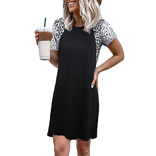

Women's T Shirt Dress Tee Dress Short Mini Dress Black Blue Wine Gray Short Sleeve Leopard Patchwork Print Spring Summer Round Neck Elegant Casual Linen S M L XL XXL 3XL