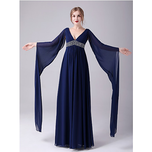 

A-Line Mother of the Bride Dress Elegant Sweet V Neck Floor Length Chiffon Long Sleeve with Beading 2021