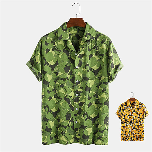 

Men's Shirt Other Prints Graphic Button-Down Print Short Sleeve Daily Tops Casual Hawaiian Yellow Green