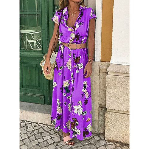 

Women's Shirt Dress Maxi long Dress Black Blue Purple Yellow Light Blue Short Sleeve Floral Patchwork Print Summer Shirt Collar Casual Boho vacation dresses Cap Sleeve 2021 S M L XL XXL