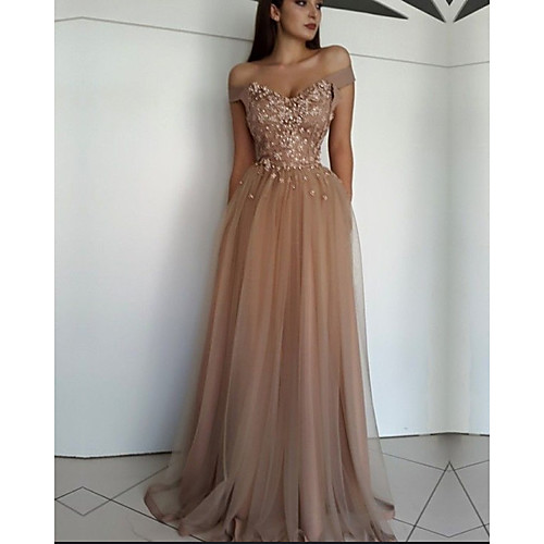 

A-Line Sexy Floral Wedding Guest Formal Evening Dress Off Shoulder Sleeveless Floor Length Lace Tulle with Pleats Beading Lace Insert 2021