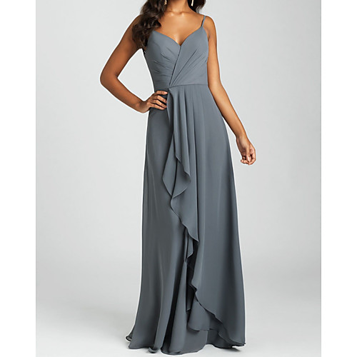 

A-Line V Neck Floor Length Chiffon Bridesmaid Dress with Pleats / Ruffles