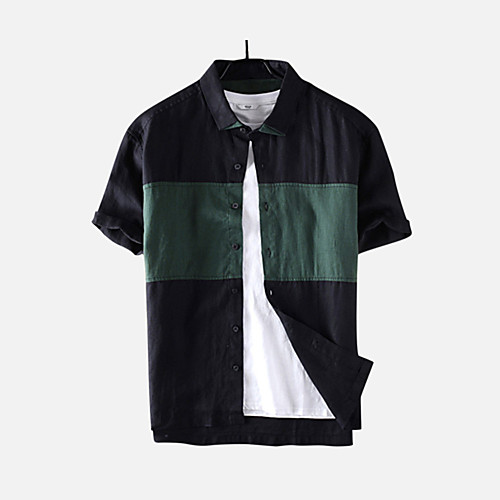 

Men's Shirt non-printing Color Block Button-Down Short Sleeve Daily Tops 100% Cotton Casual Hawaiian Black