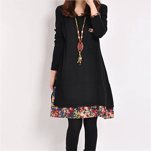 

Women's A Line Dress Knee Length Dress Black Red Yellow Army Green Royal Blue Long Sleeve Print Split Patchwork Print Fall Winter Round Neck Casual 2021 M L XL XXL 3XL / Plus Size