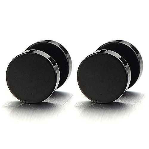 

10MM Wide Black Screw Stud Earrings for Men Women Steel Cheater Fake Ear Plugs Gauges Illusion Tunnel