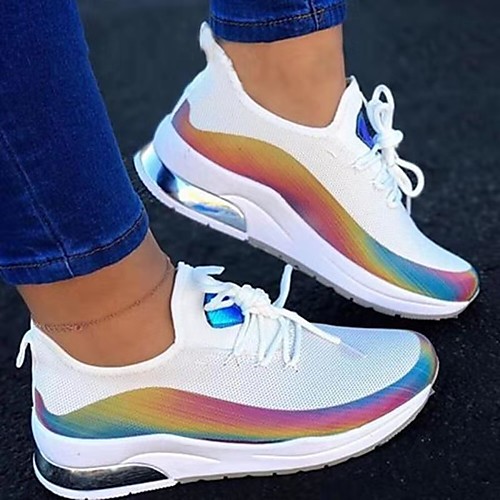 

Women's Trainers Athletic Shoes Sneakers Round Toe Sporty Daily Walking Shoes Elastic Fabric Lace-up Rainbow Color Block White Black Pink