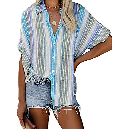 

Womens Button Down Shirt Ladies Work Summer Short Sleeve Tunic Blouse and Tops Plus Size X-Large Sky Blue