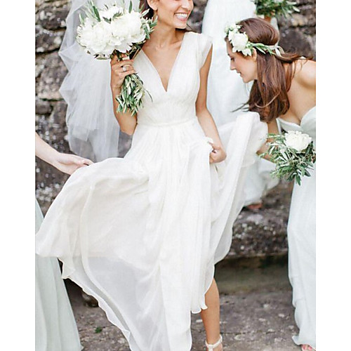 

A-Line Wedding Dresses V Neck Floor Length Chiffon Sleeveless Simple Beach with 2021